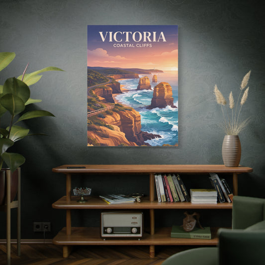 Vertical canvas wall art of coastal cliffs, ocean waves, and warm sunset sky.