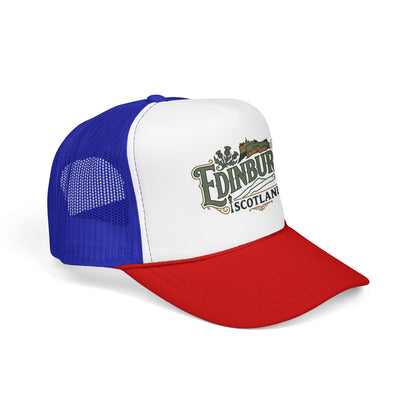 Blue and white mesh trucker hat with red brim and “Edinburgh Scotland” logo