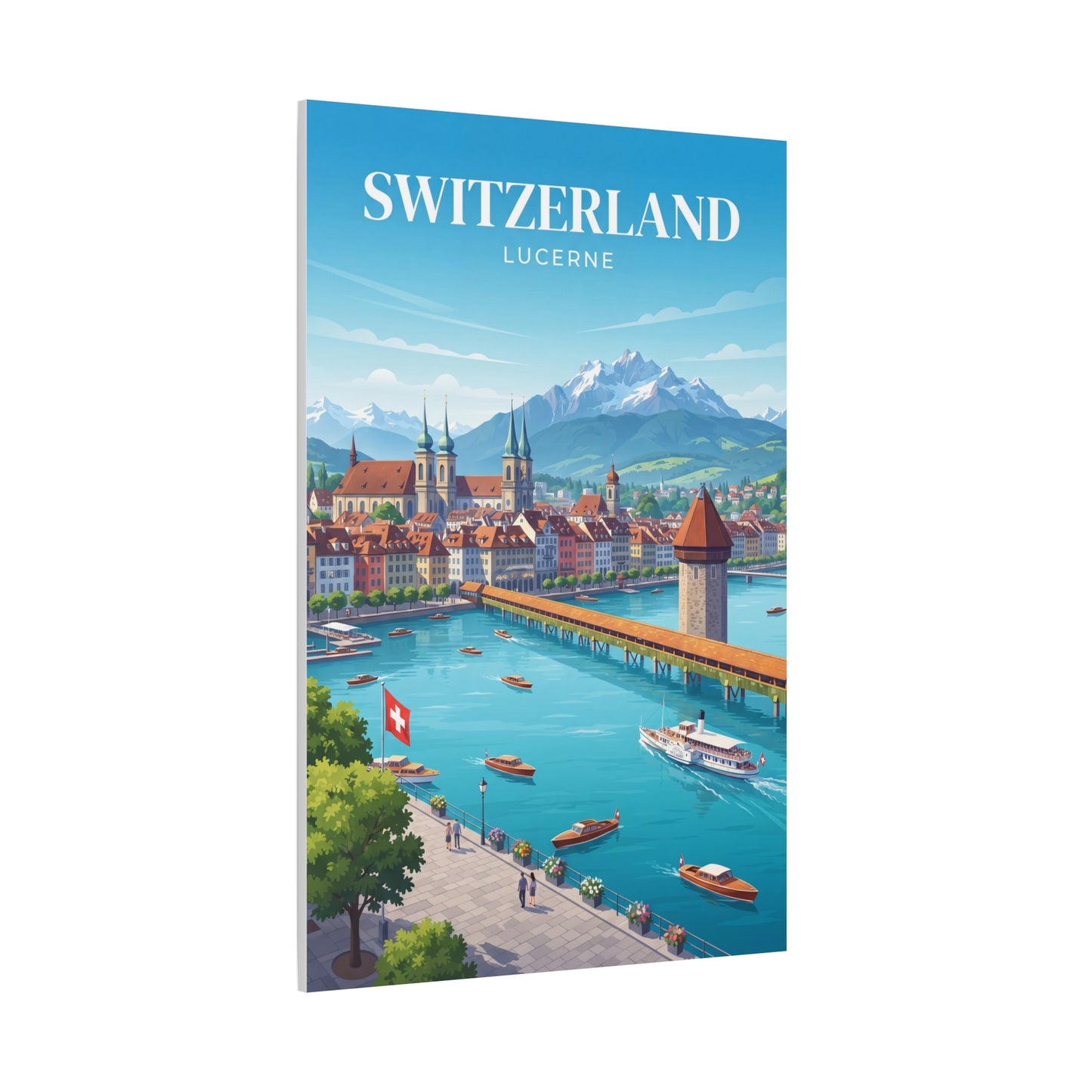 Angled matte canvas wall art with Switzerland Lucerne skyline over turquoise river and boats