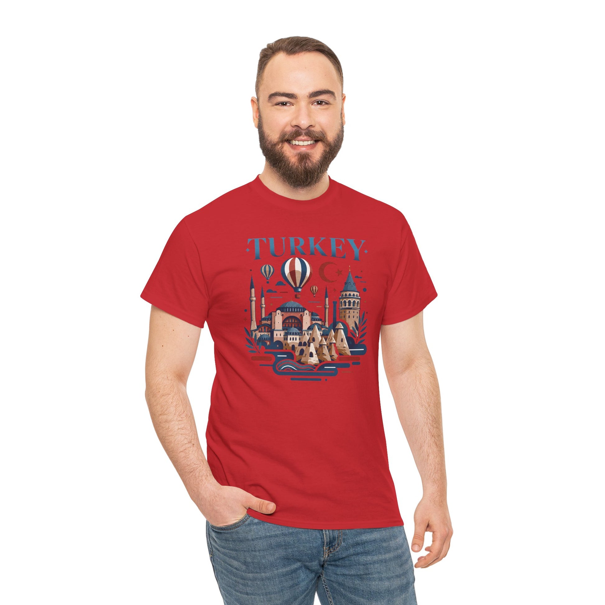 Red crewneck T-shirt with hot air balloon and crescent moon front graphic