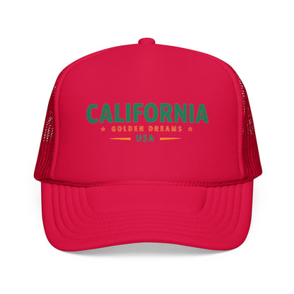 Red trucker hat with green California graphic and mesh back