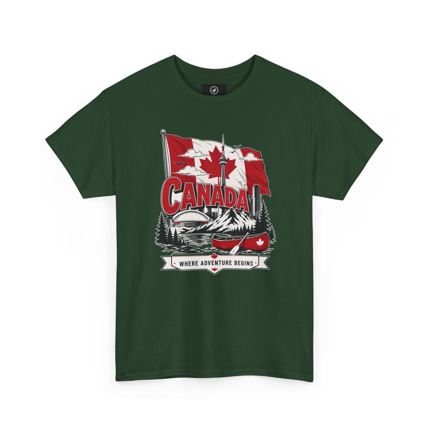 Forest green crew-neck t-shirt with Canada flag and logo graphic on the chest