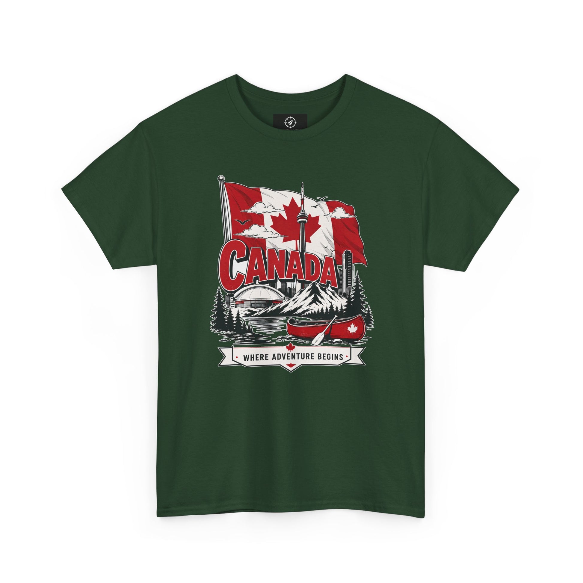 Forest green crew-neck t-shirt with Canada flag and logo graphic on the chest