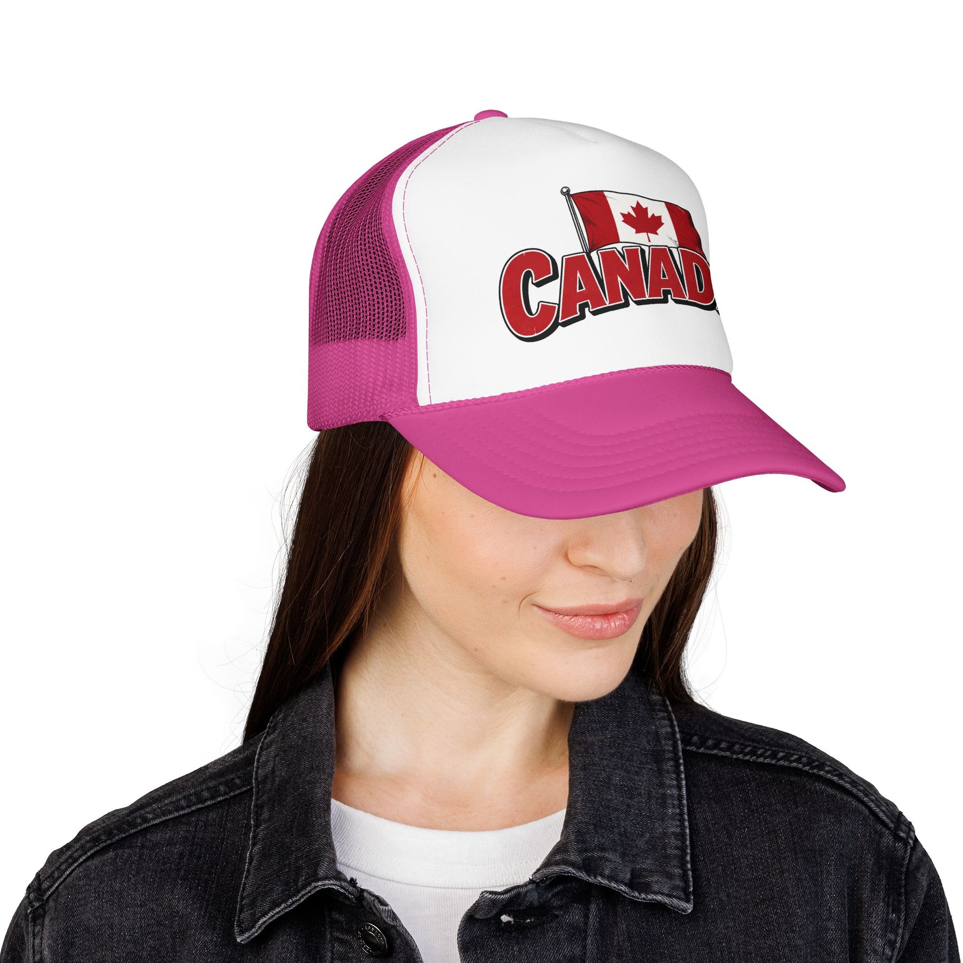 Magenta-and-white trucker hat with Canada logo on front and curved brim.