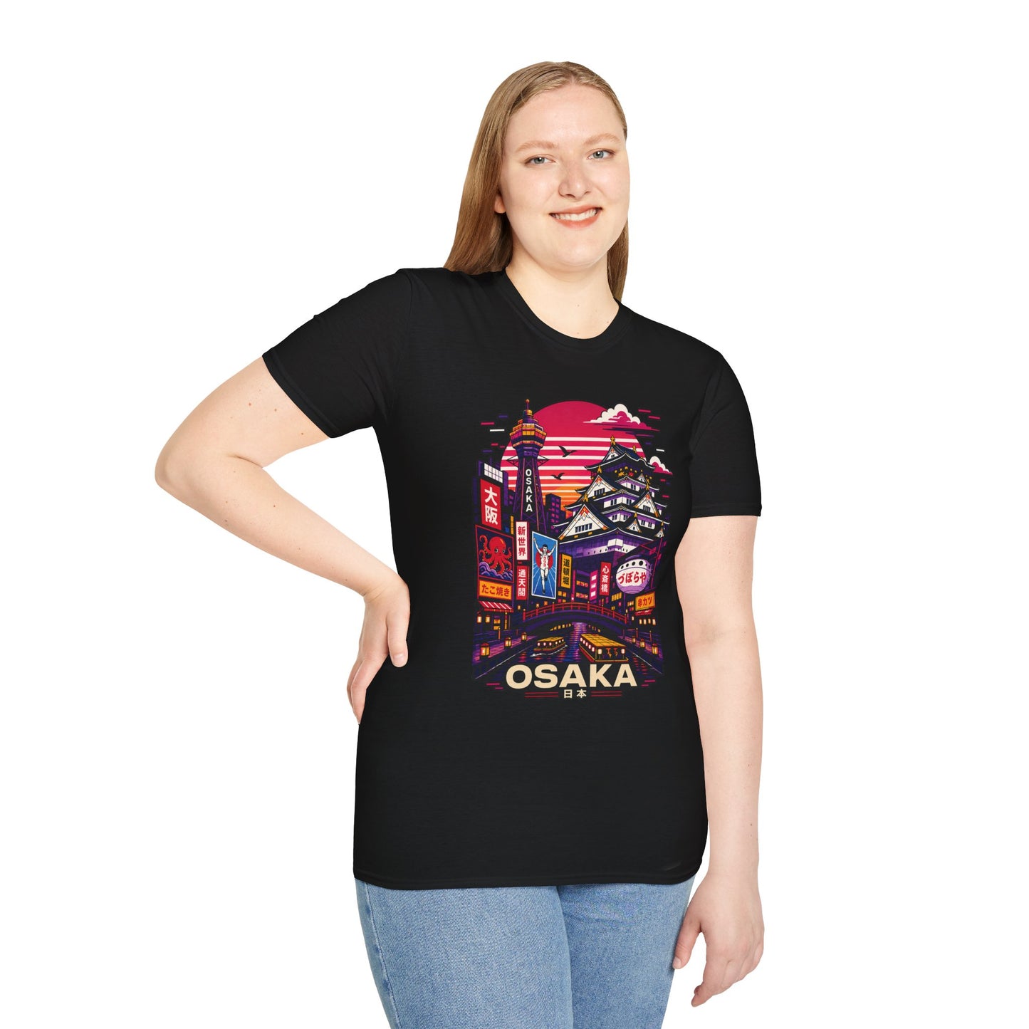 Black crew-neck T-shirt with colorful Osaka cityscape graphic, worn by a woman
