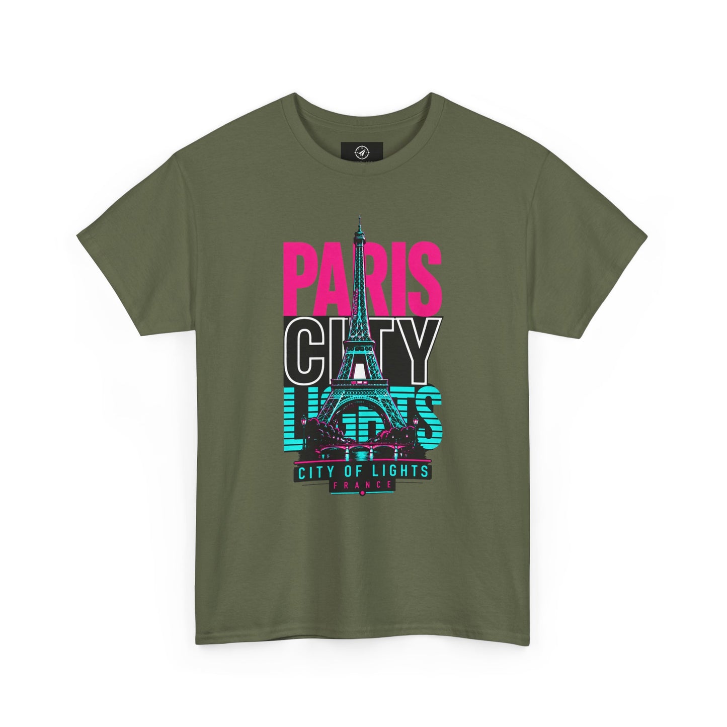 Olive green T-shirt with neon Eiffel Tower graphic and 'PARIS CITY LIGHTS' print
