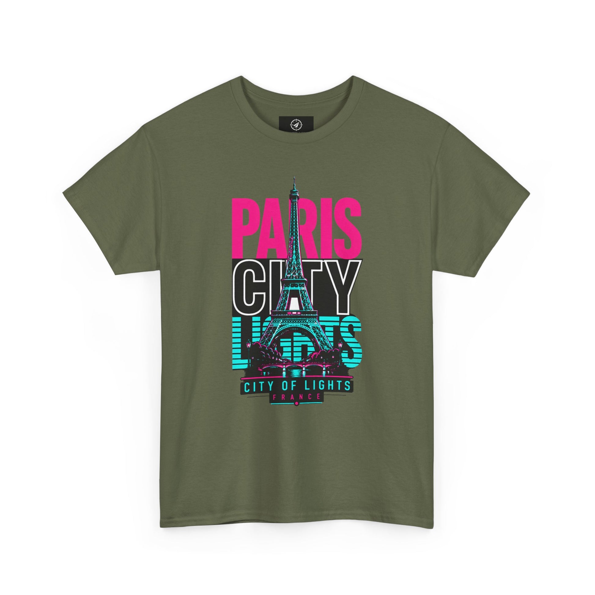 Olive green T-shirt with neon Eiffel Tower graphic and 'PARIS CITY LIGHTS' print