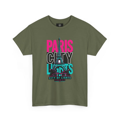 Olive green T-shirt with neon Eiffel Tower graphic and 'PARIS CITY LIGHTS' print