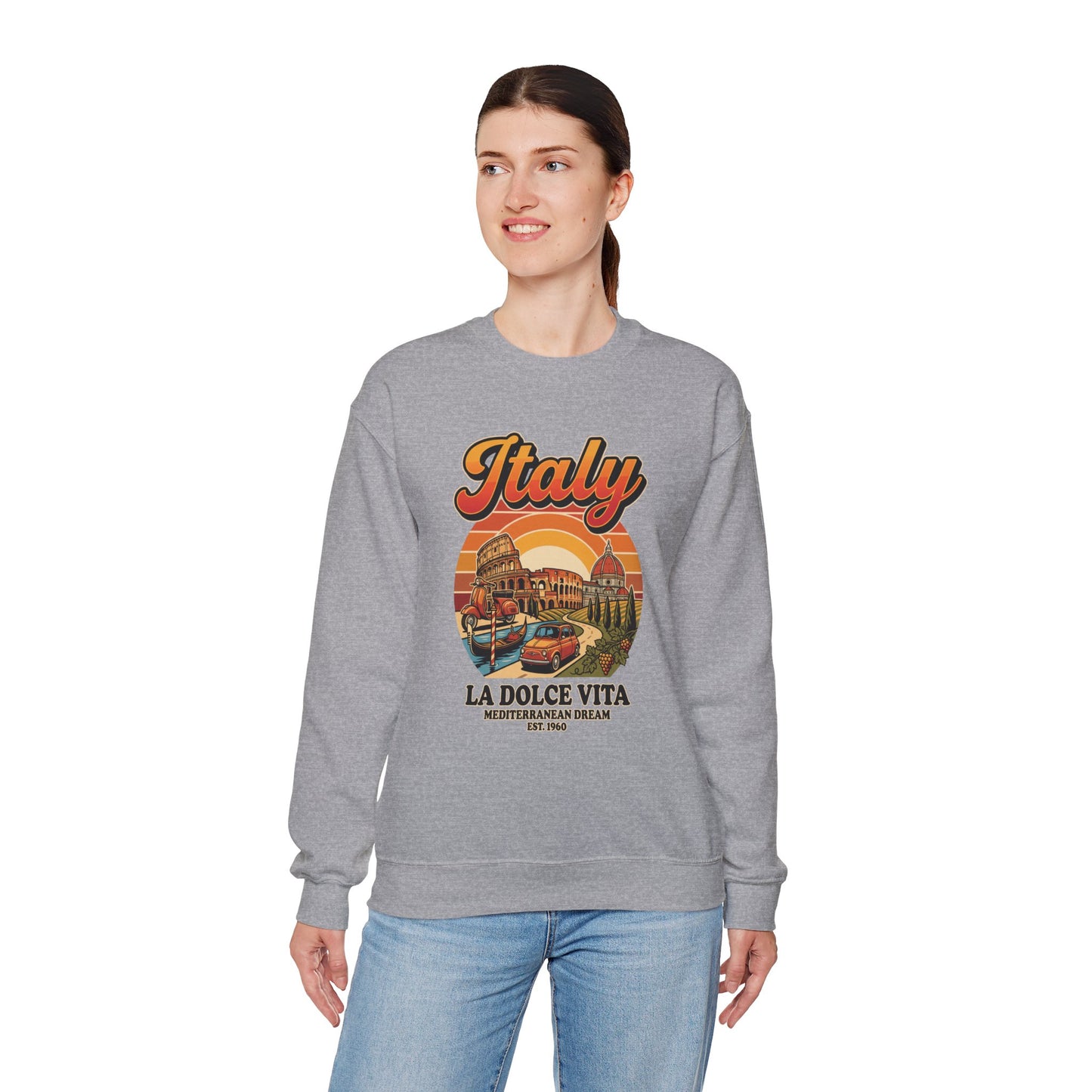 Heather gray crewneck sweatshirt with “Italy La Dolce Vita” graphic on the chest