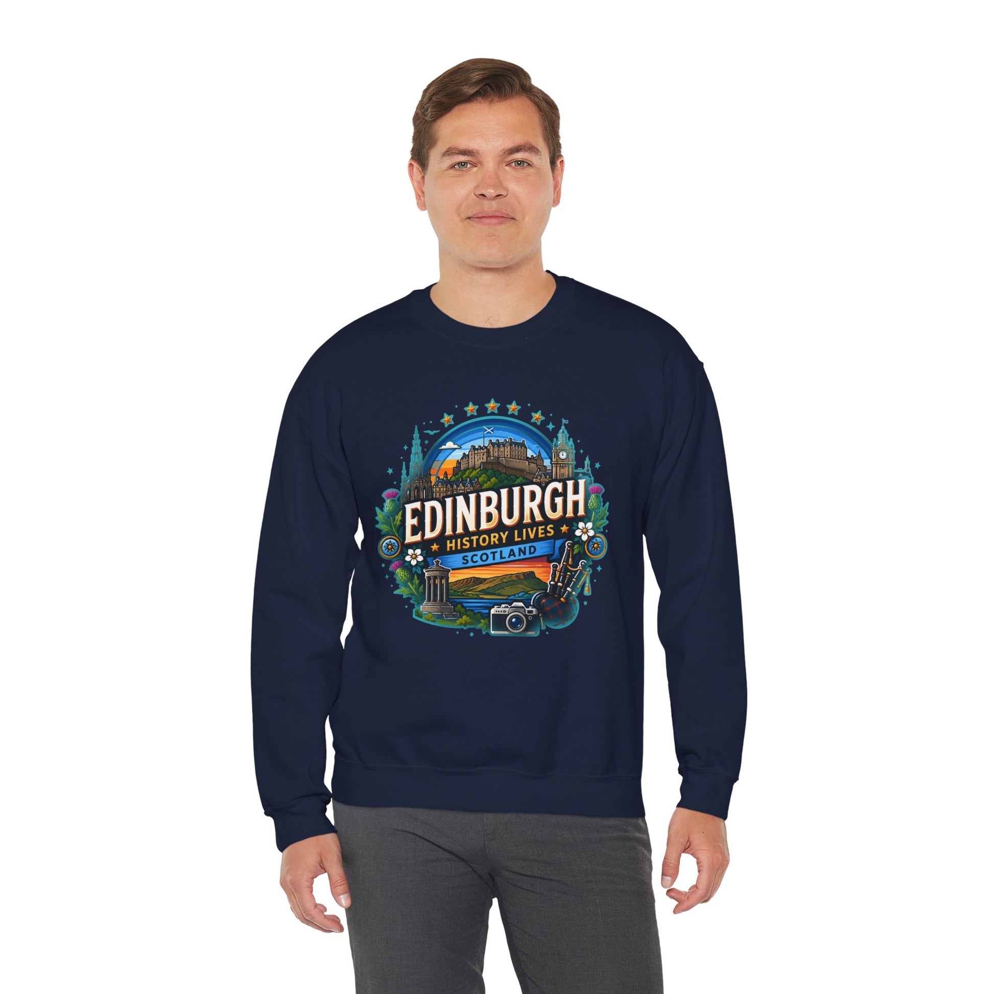 Navy crewneck sweatshirt with front printed Edinburgh graphic logo