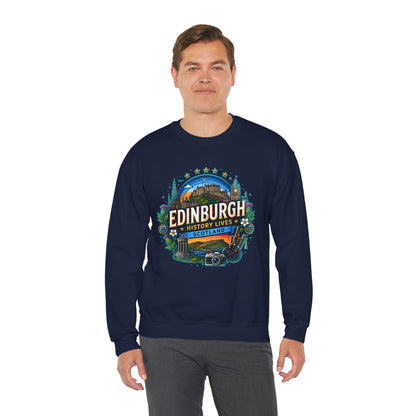 Navy crewneck sweatshirt with front printed Edinburgh graphic logo
