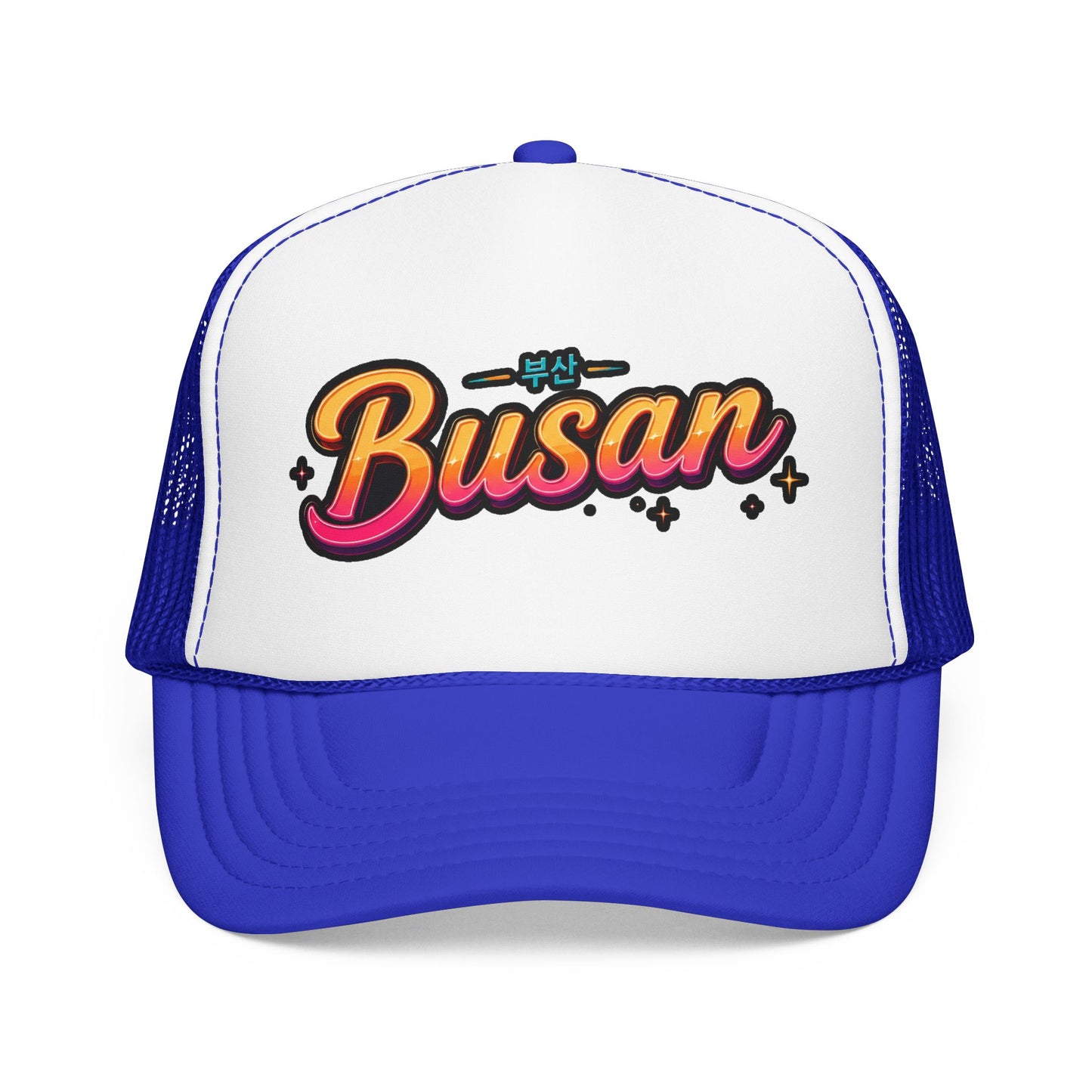 Blue and white trucker hat with front Busan logo and mesh side panels
