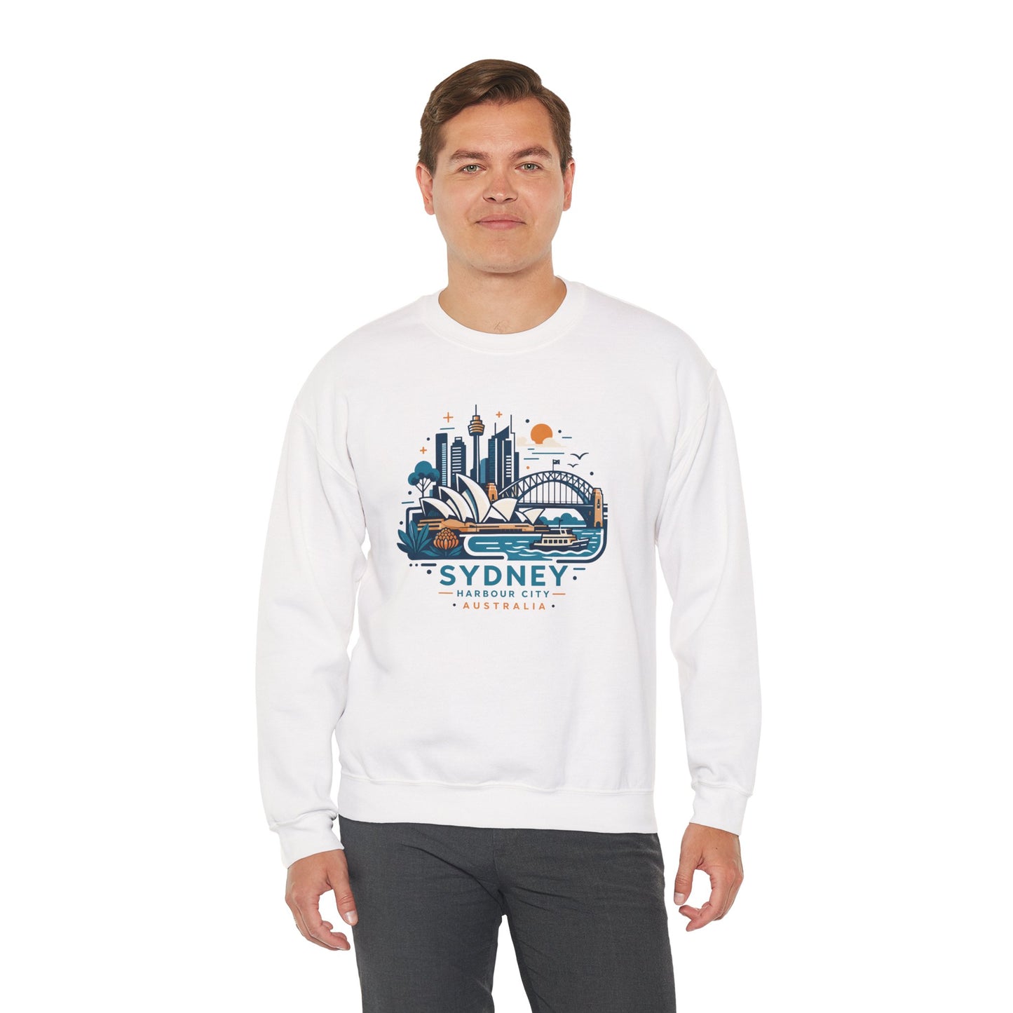 White crewneck sweatshirt with Sydney Harbor City graphic, worn front view