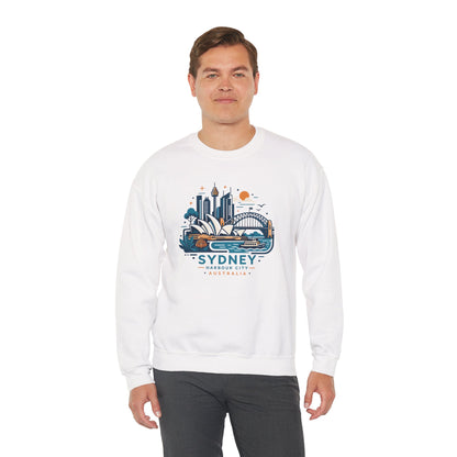 White crewneck sweatshirt with Sydney Harbor City graphic, worn front view