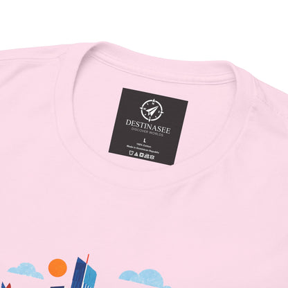 Pink Manchester Skyline T-shirt with black brand label near the collar.