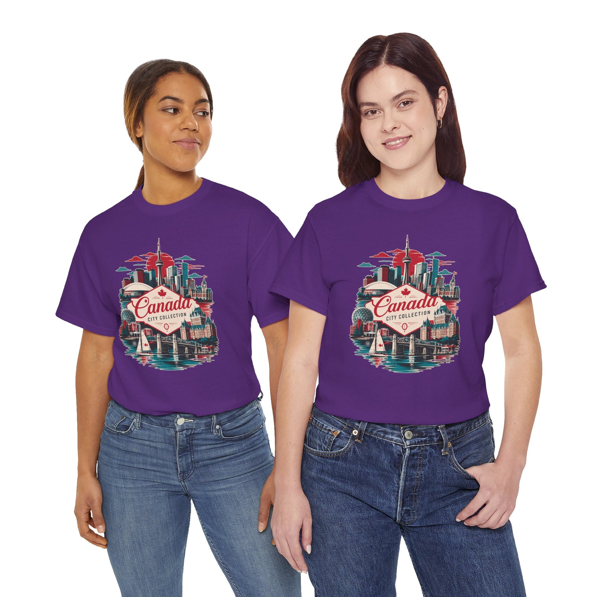 Purple T-shirt with retro Canada skyline graphic on front, crew neck, short sleeves.