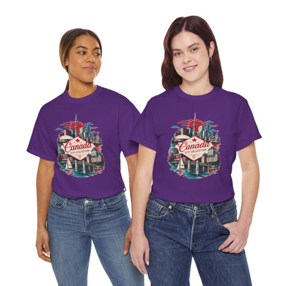 Purple T-shirt with retro Canada skyline graphic on front, crew neck, short sleeves.