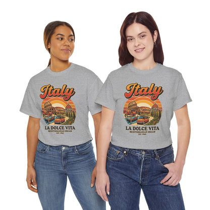 Heather gray vintage graphic T-shirt with front “Italy” print worn by two women