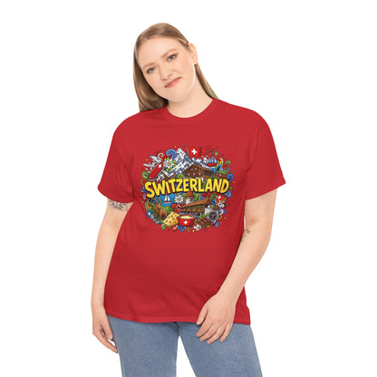 Red Switzerland travel T-shirt with colorful Switzerland badge graphic on chest