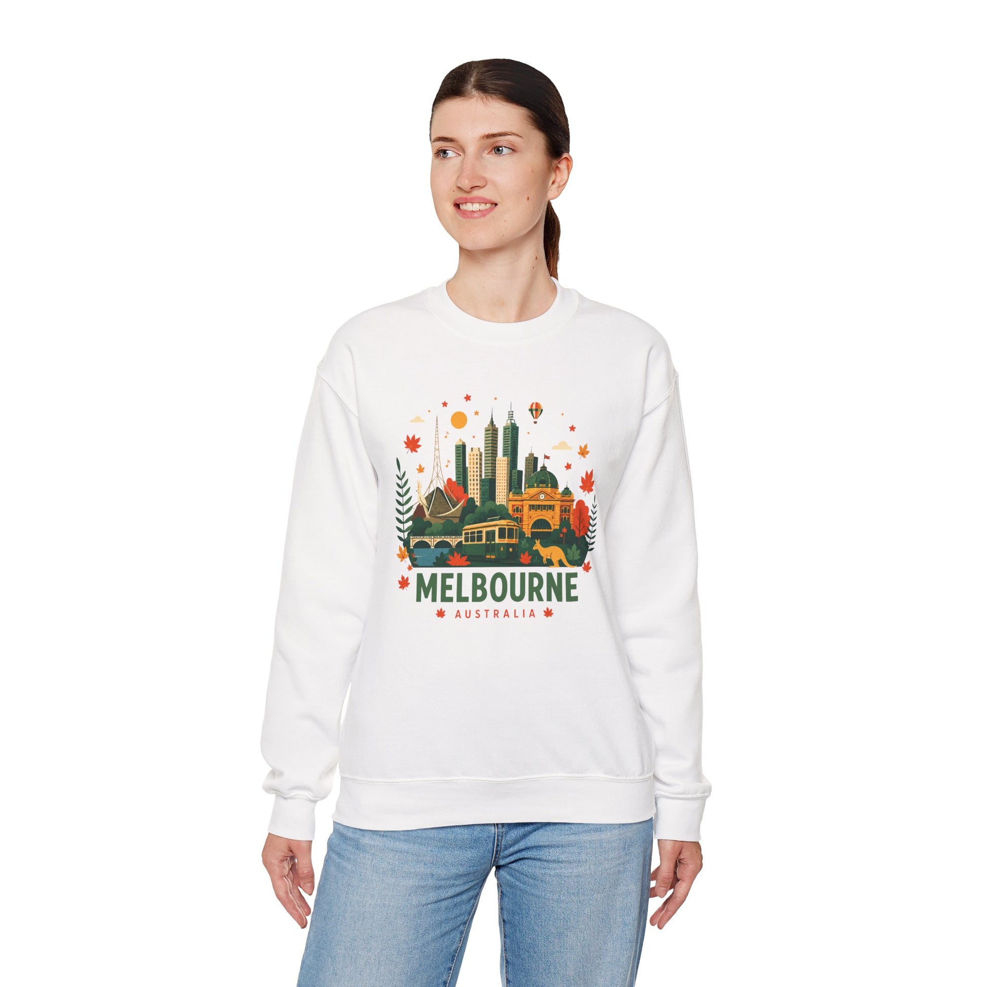 White crewneck sweatshirt with Melbourne city graphic print
