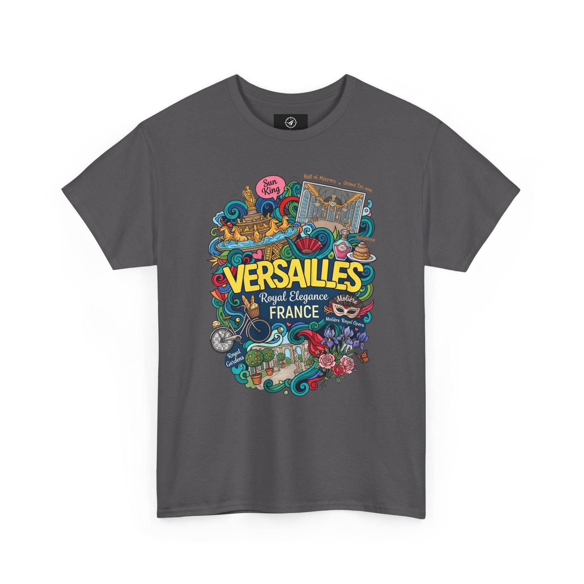 Charcoal gray crew-neck short-sleeve T-shirt with colorful Versailles France graphic.