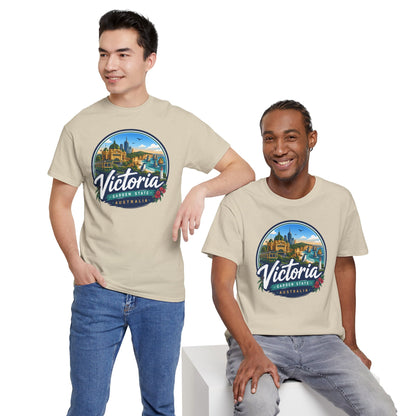 Beige travel tee with Victoria Australia front graphic print, worn by two people