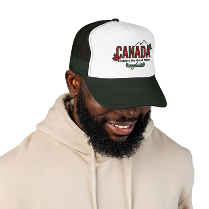 Dark green and white foam trucker hat with Canada logo on front panel