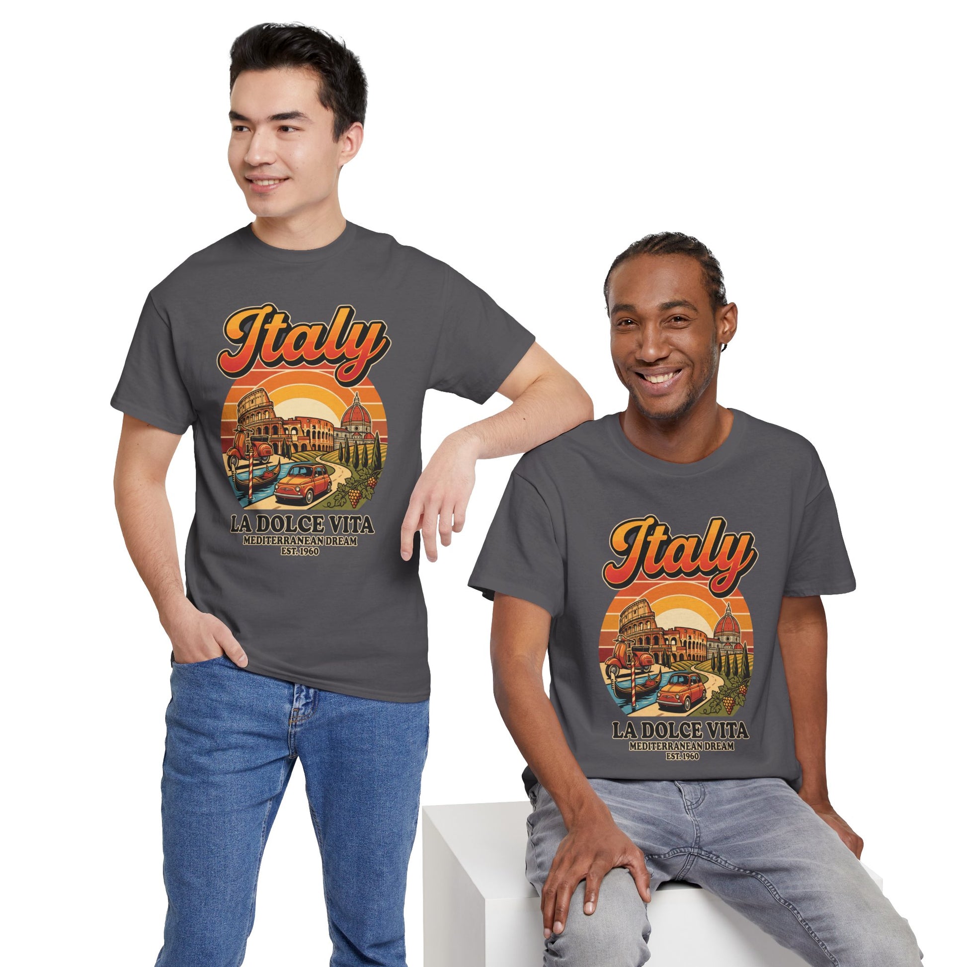 Charcoal vintage “Italy La Dolce Vita” graphic tee with crew neck, short sleeves
