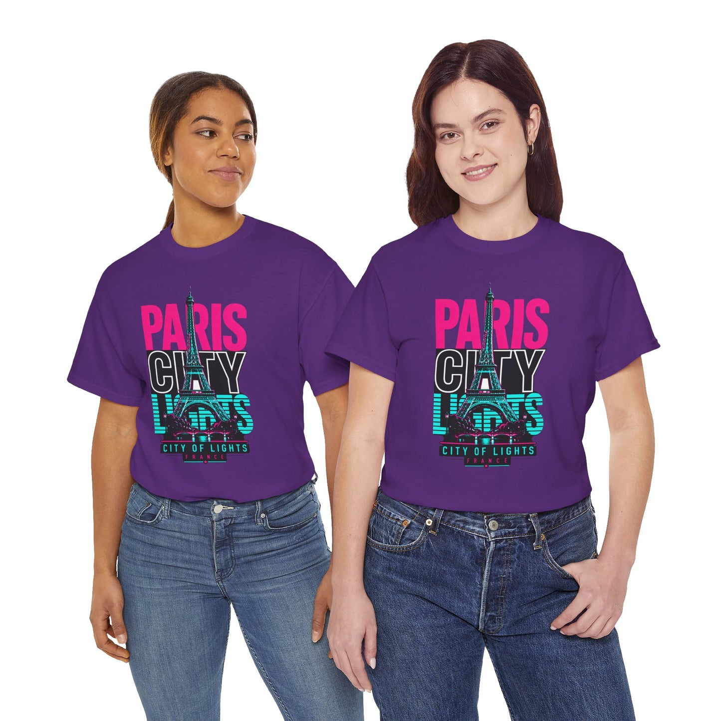 Purple unisex travel T-shirt with Paris neon City of Lights Eiffel Tower graphic