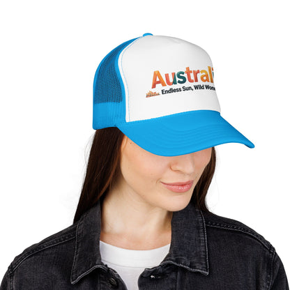 Australia vintage travel trucker cap on model, white front with blue mesh and curved brim