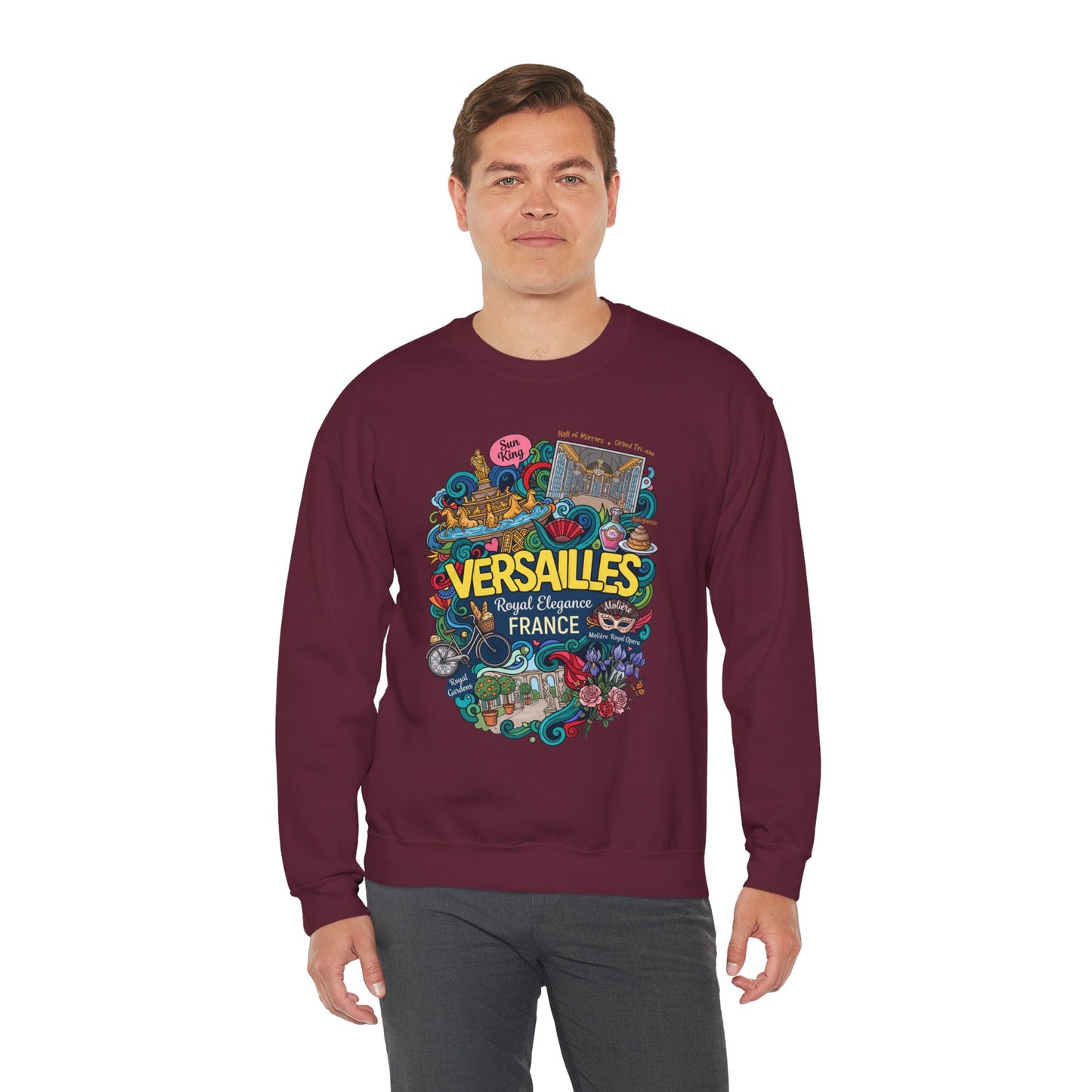 Maroon crewneck sweatshirt with colorful France graphic print on the front