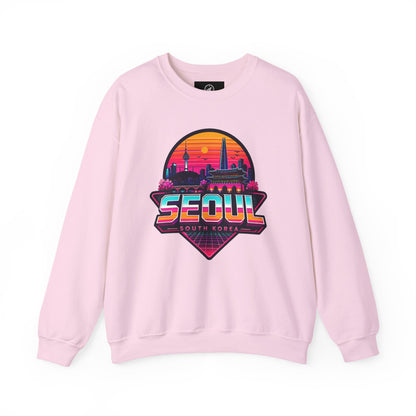 Light pink crewneck sweatshirt with Seoul city graphic on the chest