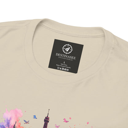 Natural/beige T-shirt back close-up with neck label and partial floral Eiffel Tower artwork
