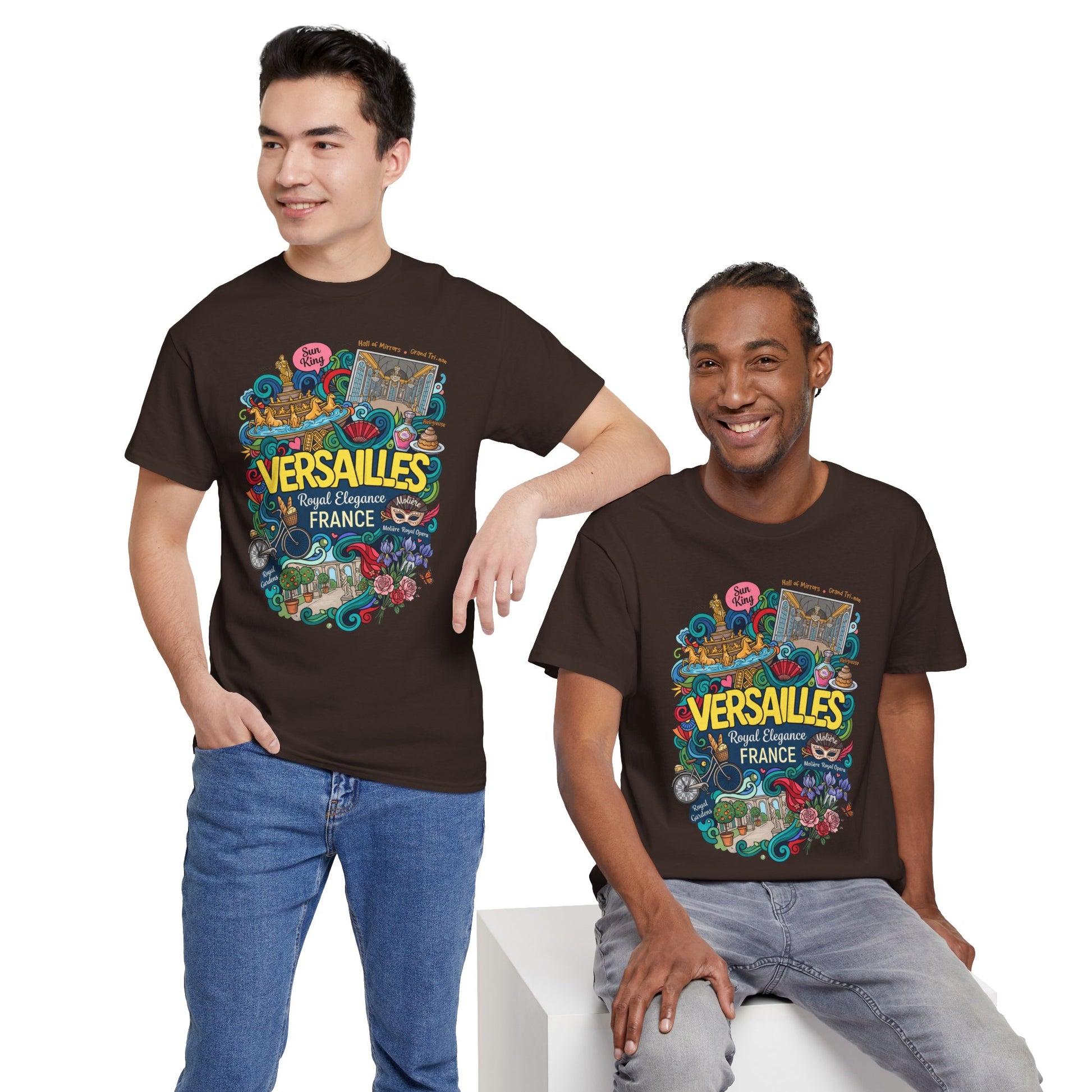 Dark chocolate crewneck T-shirt with Versailles graphic on models