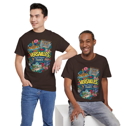 Dark chocolate crewneck T-shirt with Versailles graphic on models