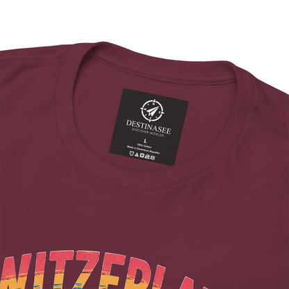 Maroon vintage t-shirt neckline close-up with Destinassee label and partial front text