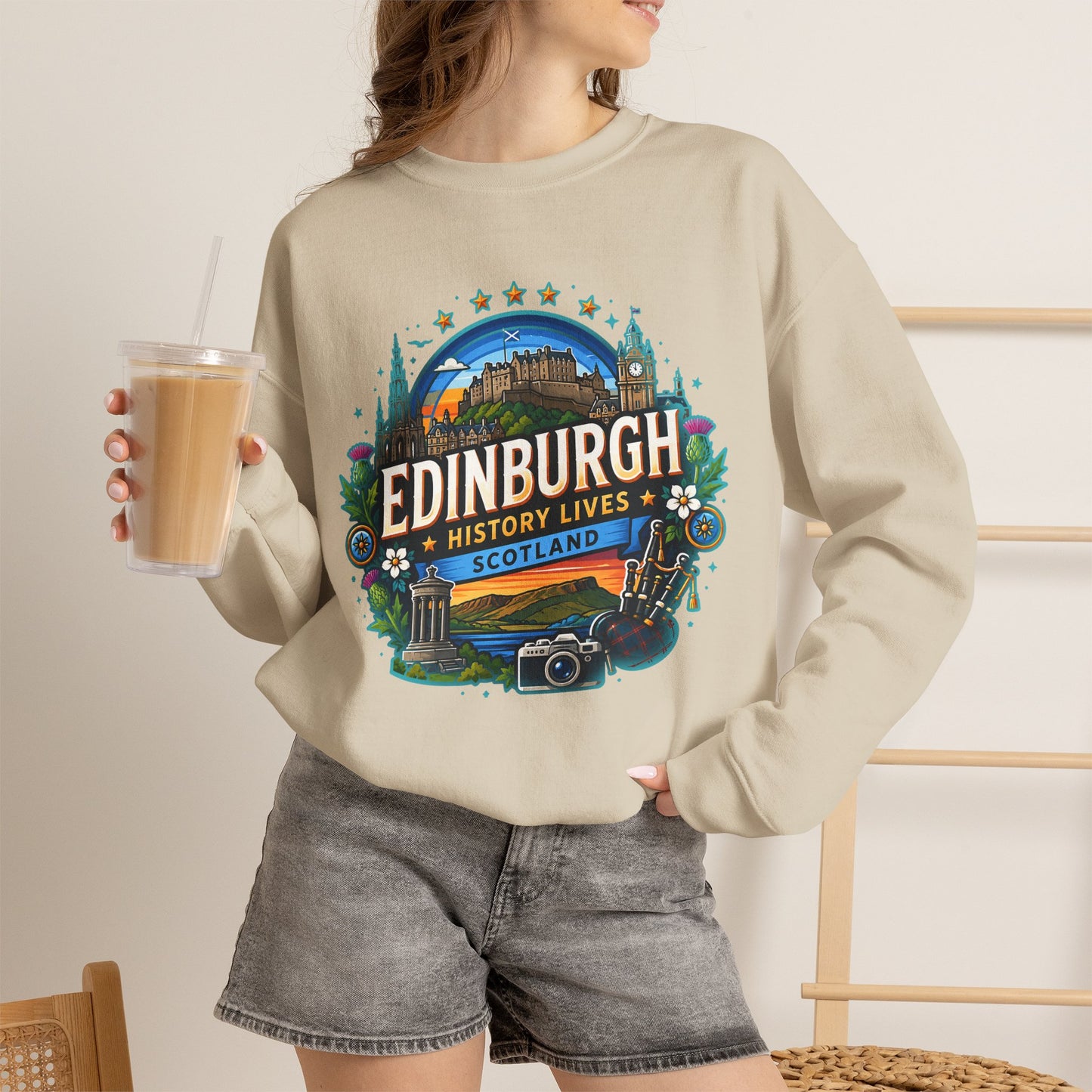 Light sand crewneck sweatshirt with front printed Edinburgh graphic logo