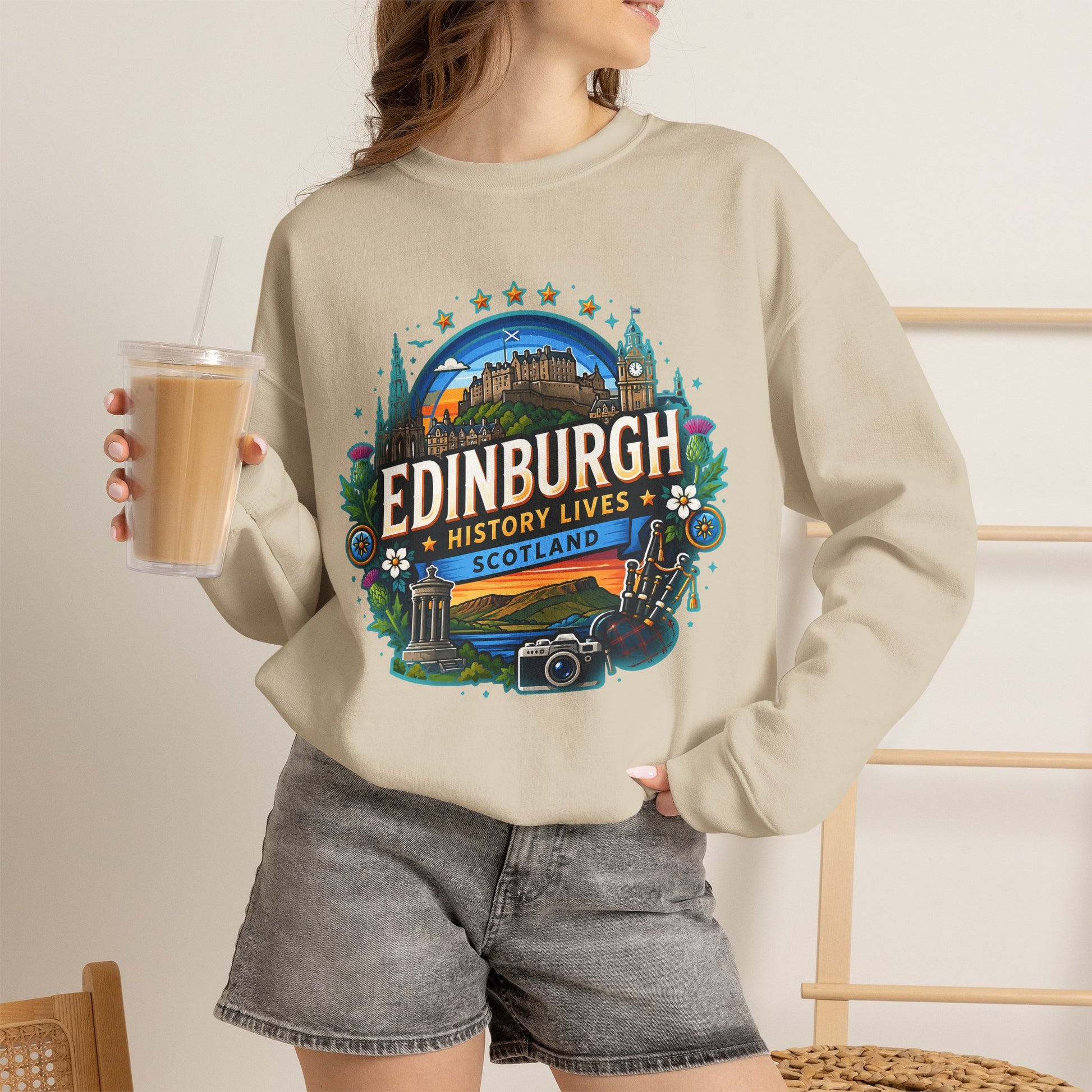 Light sand crewneck sweatshirt with front printed Edinburgh graphic logo
