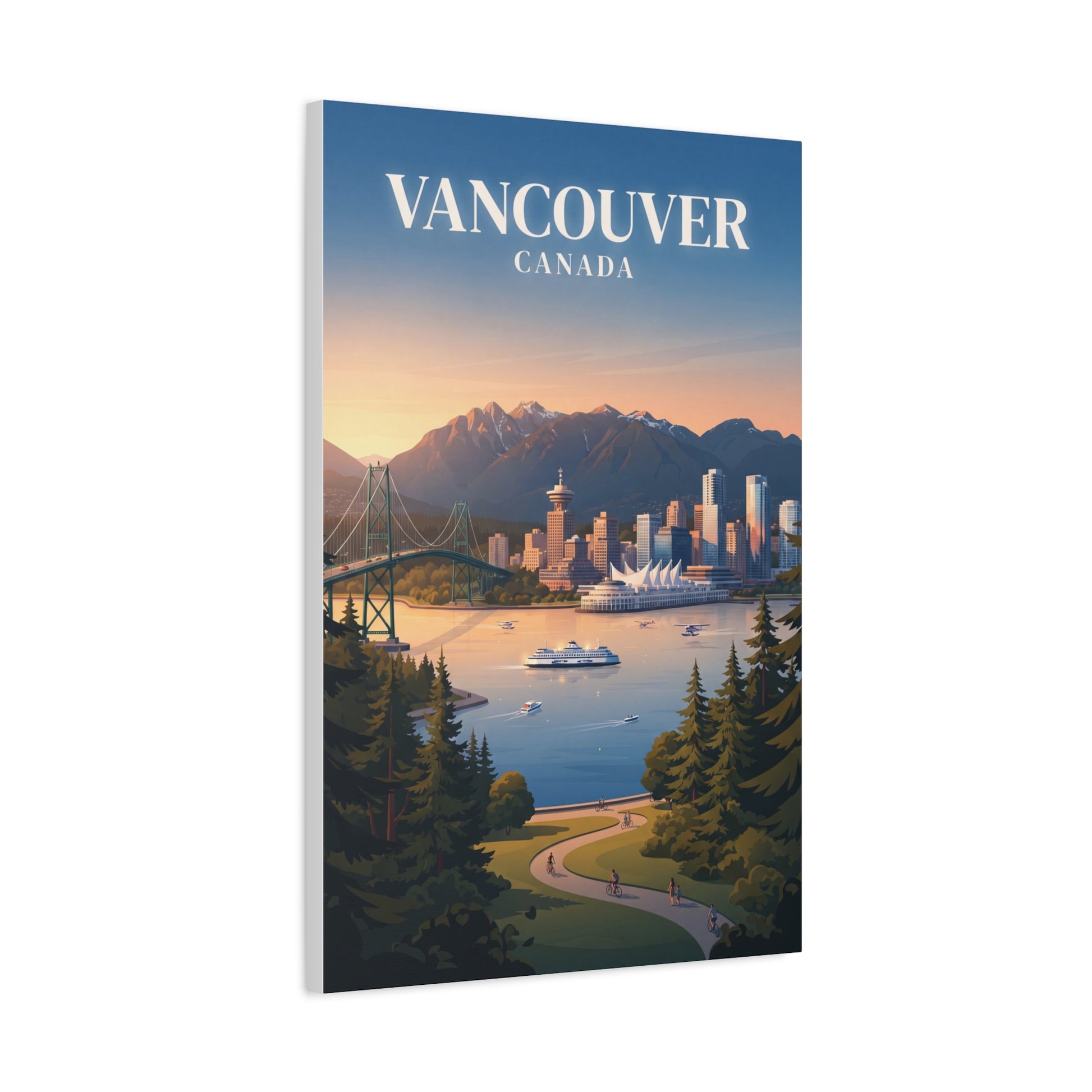 Vancouver Canada matte canvas wall art with city skyline, harbor, and mountains