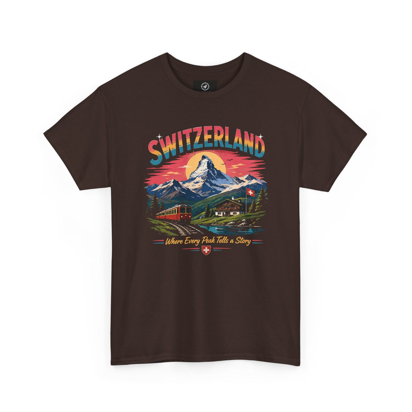 Dark brown Switzerland mountain graphic vintage t-shirt with colorful front print