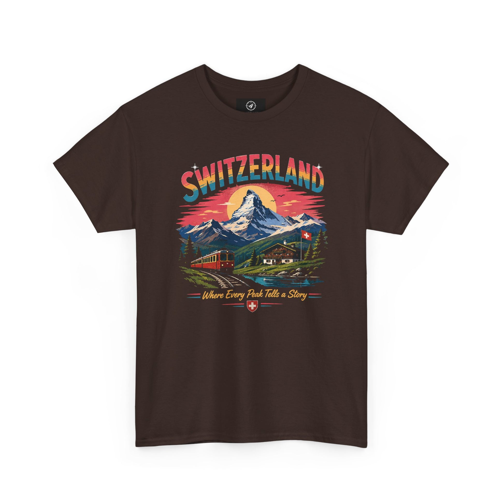 Dark brown Switzerland mountain graphic vintage t-shirt with colorful front print