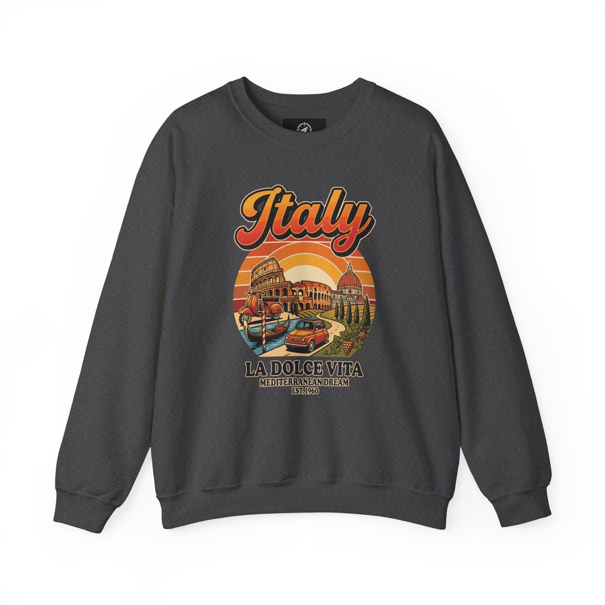 Dark heather crewneck sweatshirt with front "Italy La Dolce Vita" graphic print