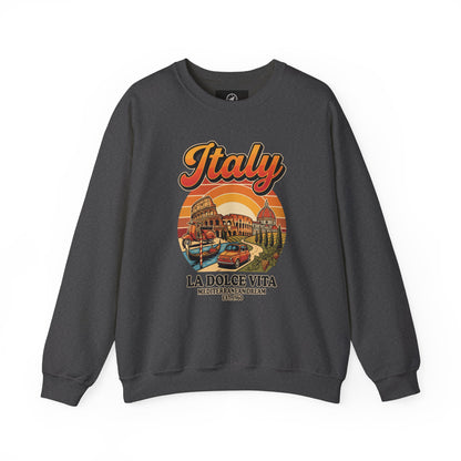 Dark heather crewneck sweatshirt with front "Italy La Dolce Vita" graphic print