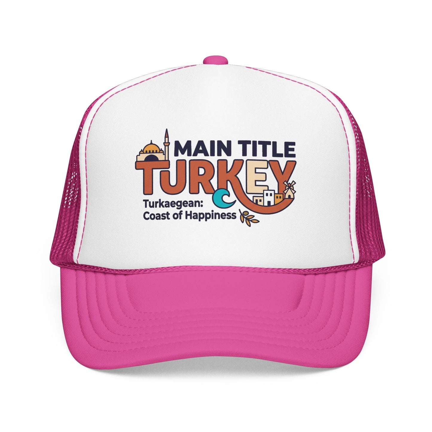 White foam trucker hat with hot pink brim and pink mesh sides, front Turkey logo.