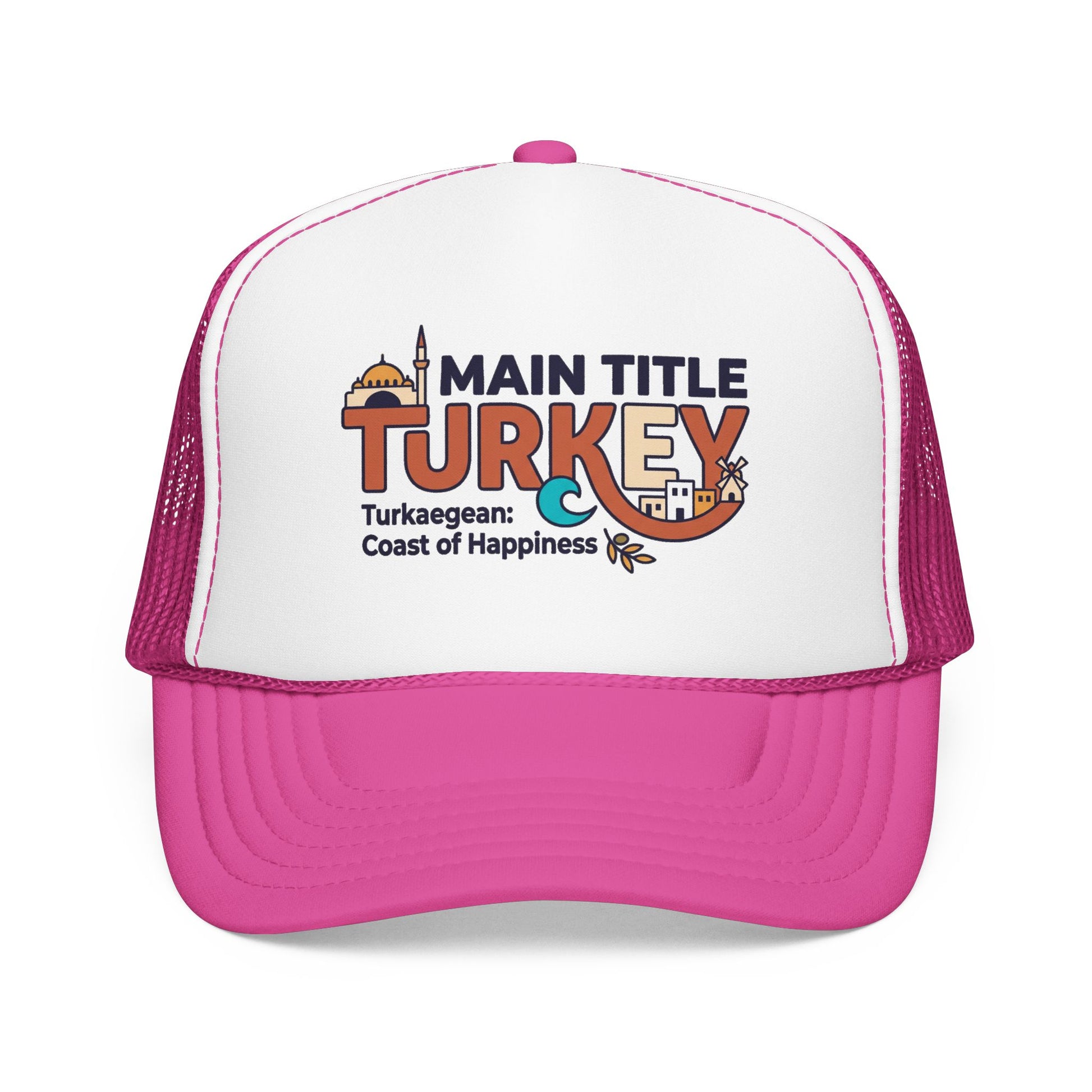 White foam trucker hat with hot pink brim and pink mesh sides, front Turkey logo.