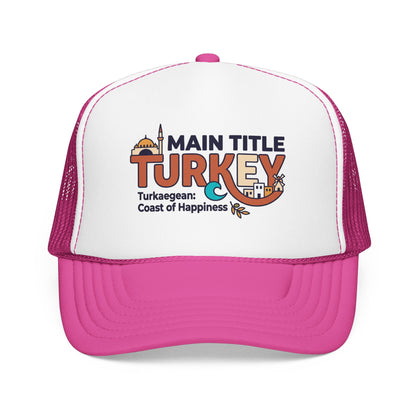 White foam trucker hat with hot pink brim and pink mesh sides, front Turkey logo.