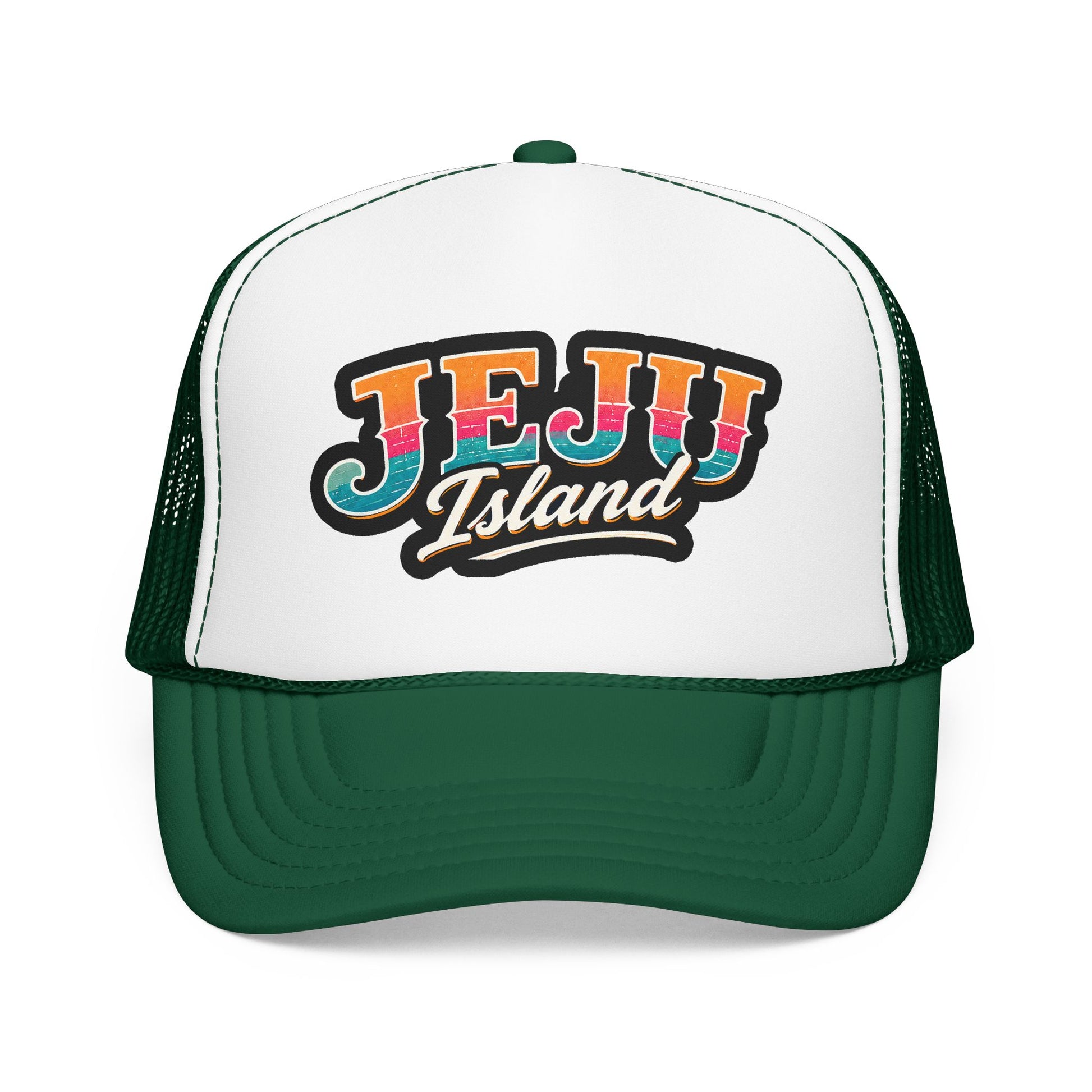 White and dark green foam trucker hat with front “JEJU Island” logo patch