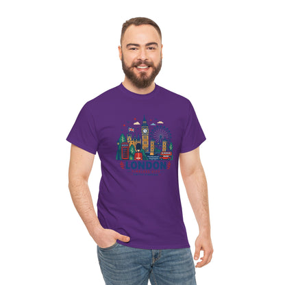 Purple crew-neck T-shirt with colorful London skyline graphic on the chest.