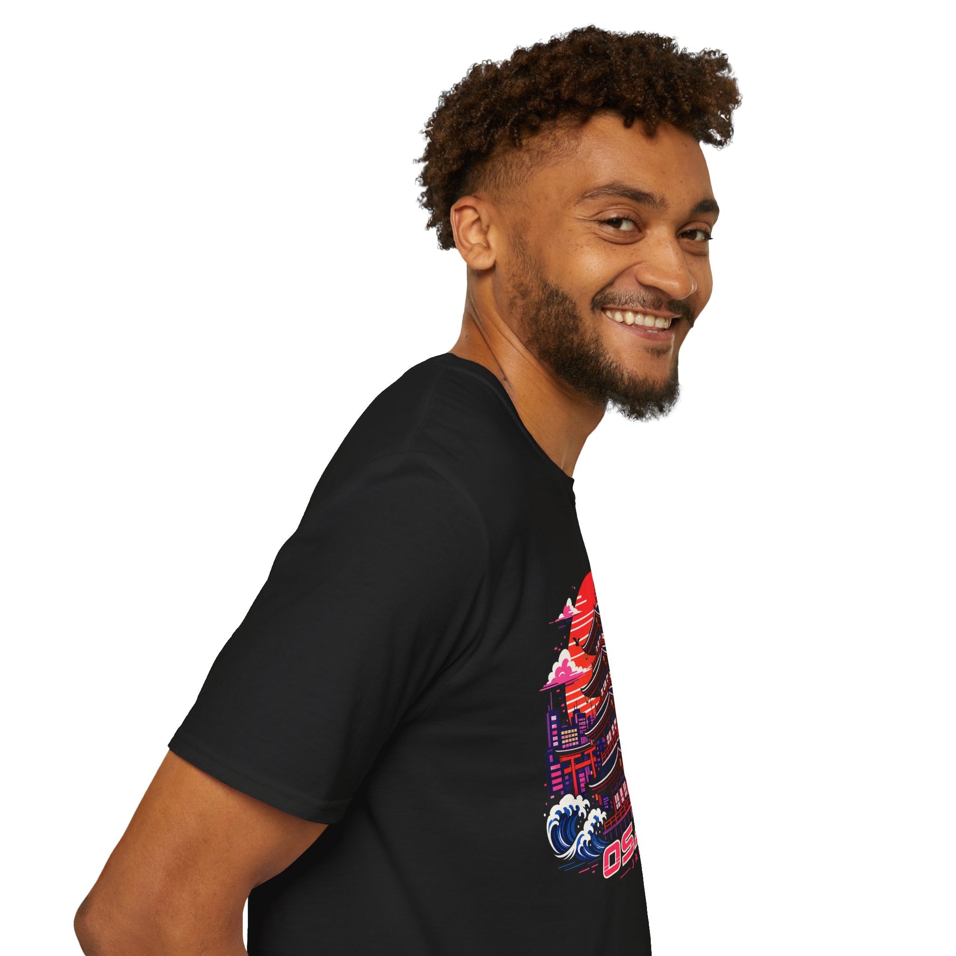 Black T-shirt with partial Osaka graphic print, side view worn by a person.