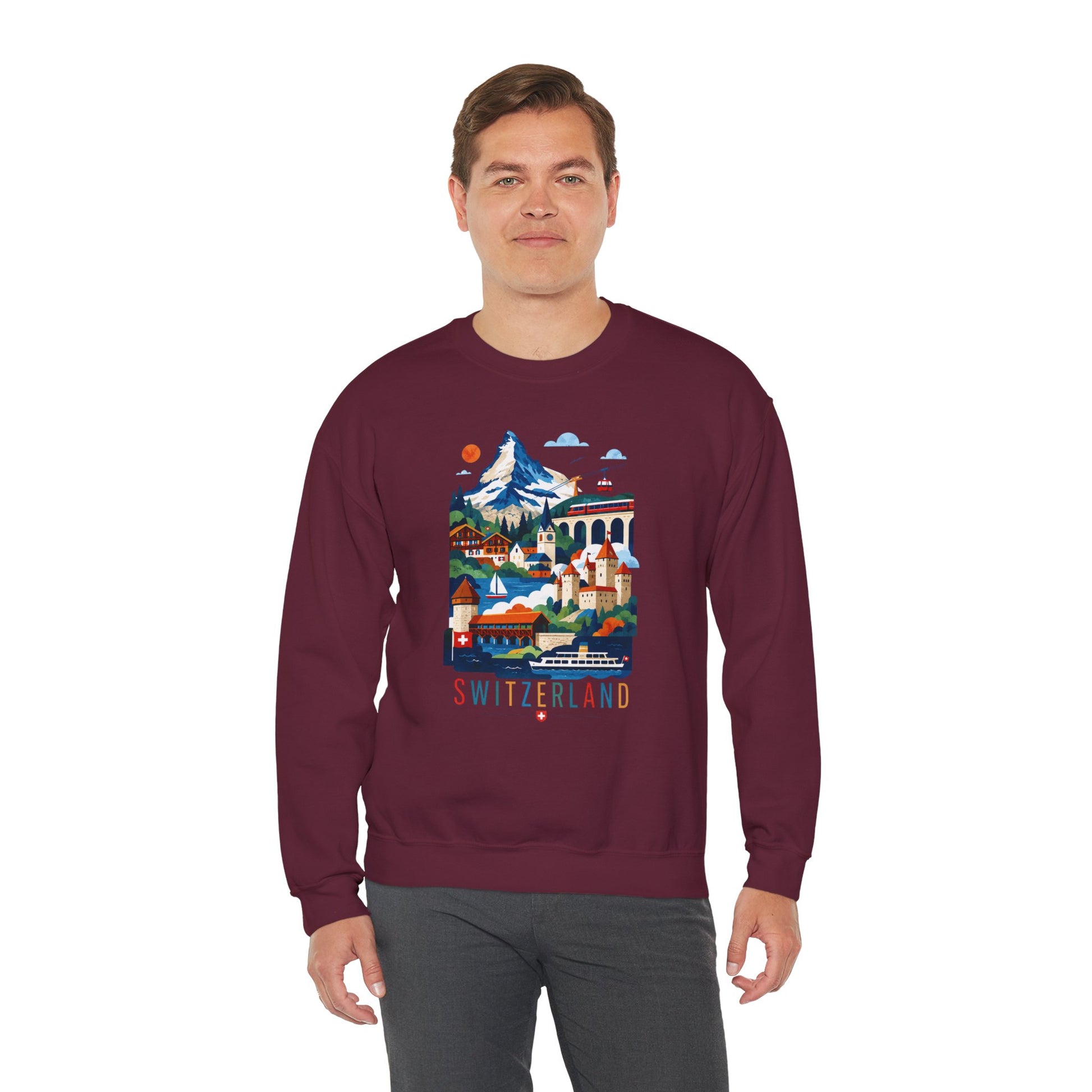 Maroon crewneck sweatshirt with front Switzerland mountain village graphic